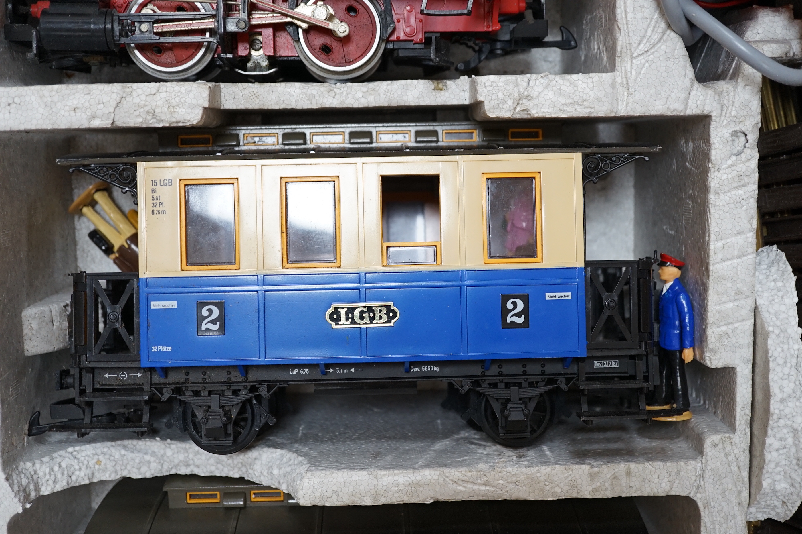 An LGB by Lehman 45mm passenger train set, comprising an 0-4-0T locomotive, two coaches, track and accessories